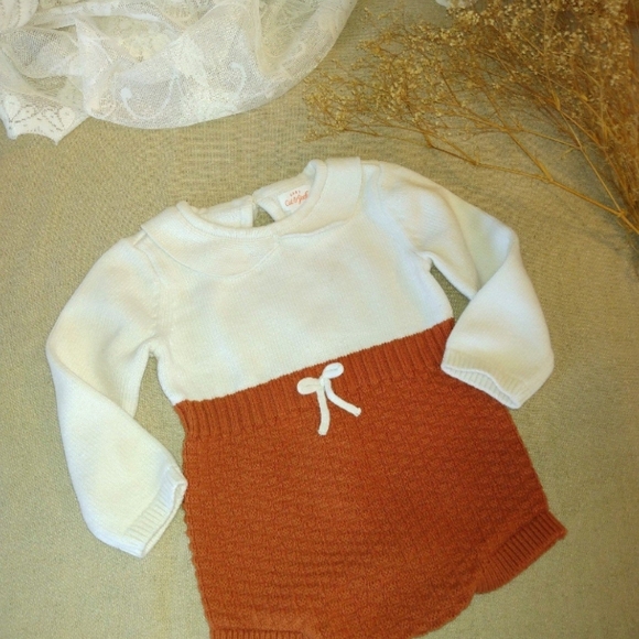 White and Rust Knit Baby Romper - Picture 2 of 4